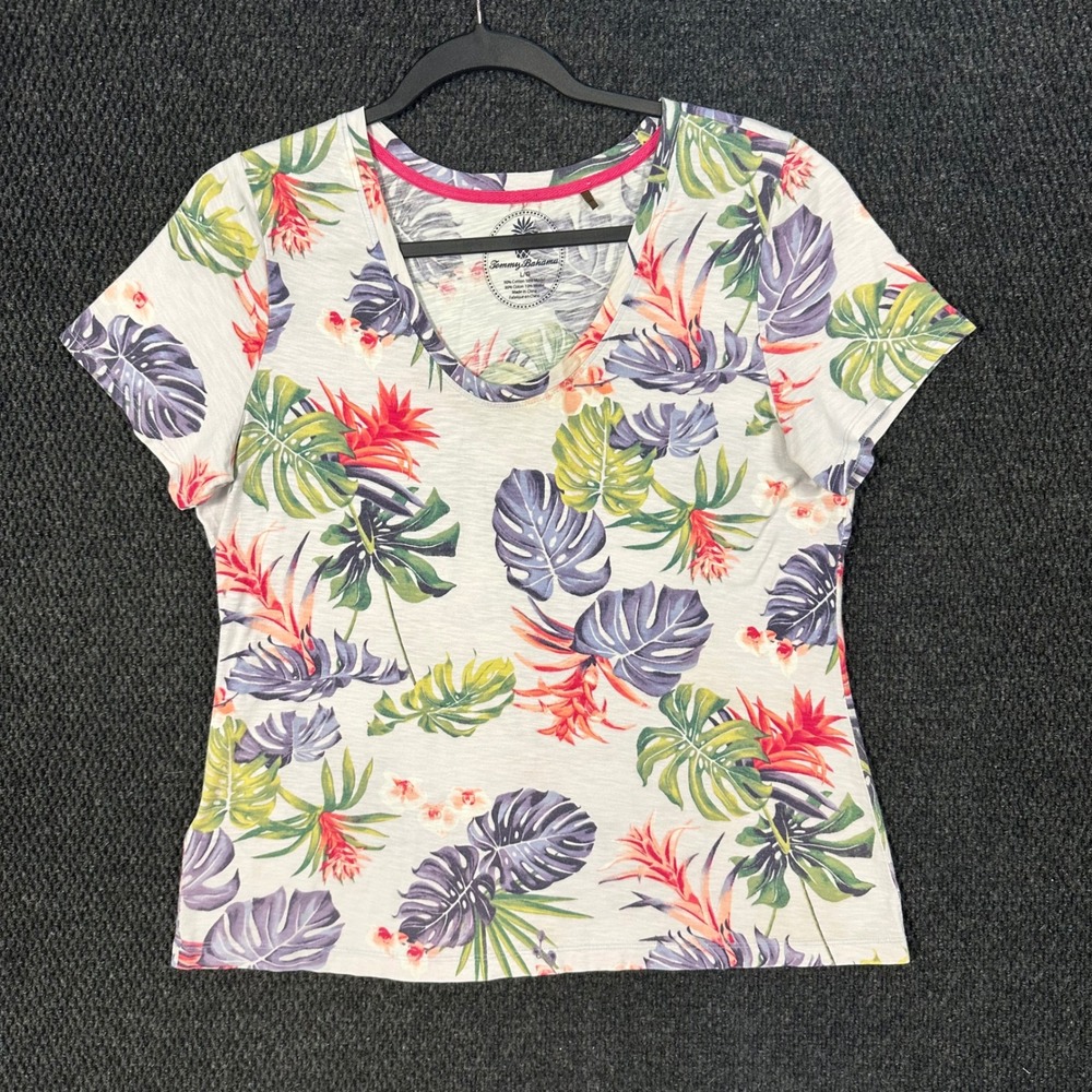 Tommy Bahama Floral T-Shirt Women L White V-Neck Tropical Vacation Resort